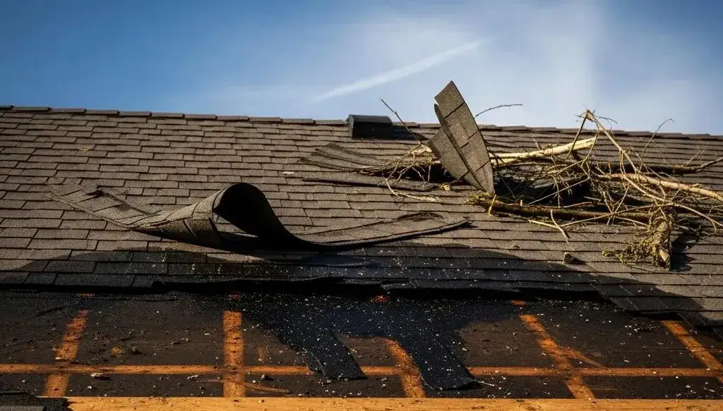 Shingles are missing and bent on a roof, with broken branches and debris scattered on top, exposing parts of the roof’s wooden structure under a clear blue sky. | Red Beard Roofing